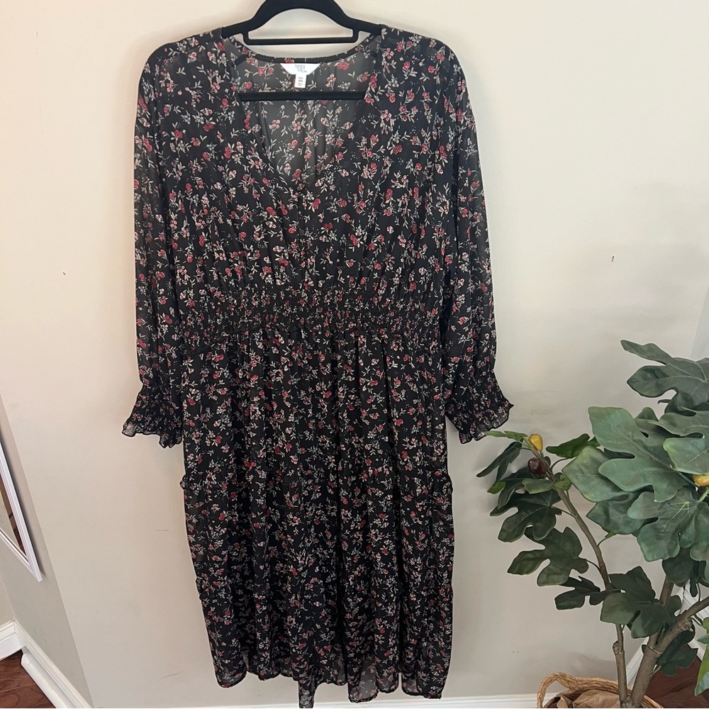 Time and Tru XXL Women's Dress Black with Pink Red Floral Pattern